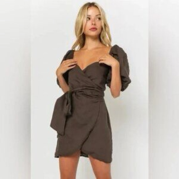 Olivaceous Dresses & Skirts - 🤎Olive Brown Puff Sleeve Wrap Mini Dress by Olivaceous